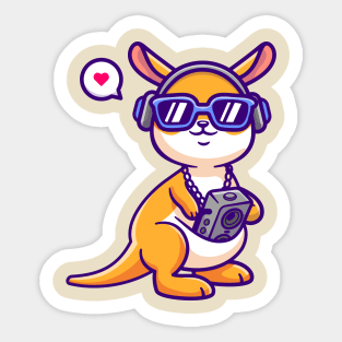 Cute Kangaroo Listening Music With Boombox And Headphone Cartoon Sticker